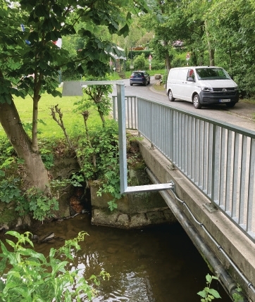 OTT RLS 500 Radar Level Sensor mounted on a bridge in Wehrheim Germany