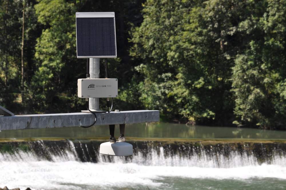 non-contact water level sensors mounted above a river