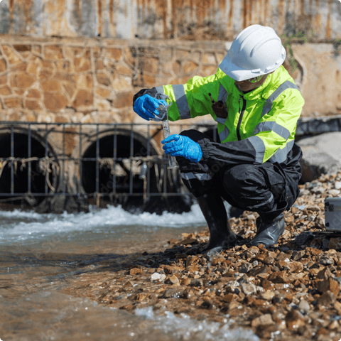 hydrologist collecting a water quality sample from a stream